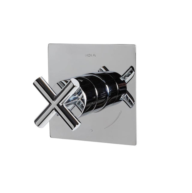 Lacava - Cigno trim - Built-in progressive pressure balancing mixer with a cross handle and squared backplate. Water flow rate: 5.6 gpm at 43.5 psi. W: 5'', H: 5'' - Rough-in No. VPBP sold separatey - Polished Nickel