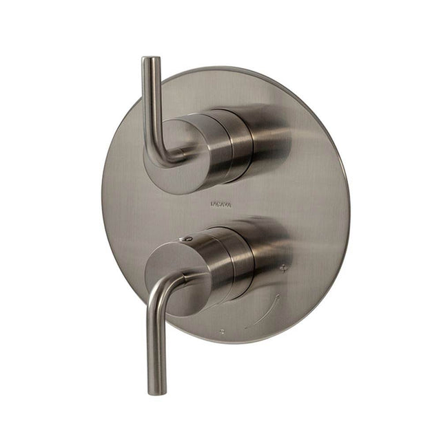 Lacava - Cigno trim - Built-in progressive pressure balancing mixer with volume control, two curved lever handles and a rounded backplate. Water flow rate: 4.2 gpm at 43.5 psi. Rough-in No. VPBP1 sold separately. DIAM: 7-1/4'' - Polished Nickel