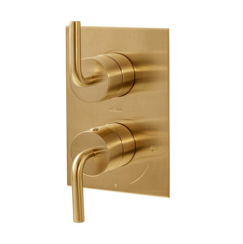 Lacava - Cigno trim- Built-in progressive pressure balancing mixer with volume control, two curved lever handles and squared backplate. Water flow rate: 4.2 gpm W: 5''H: 7 1/4'' - Polished Nickel