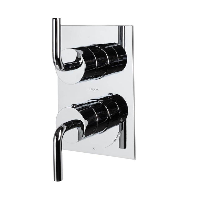 Lacava - Built-in progressive pressure balancing mixer with 2-way diverter, two curved lever handles and a rectangular backplate. Water flow rate: 4.2 gpm at 43.5 psi. Rough-in No. VPBP2 sold separately. 5-1/8''W, 7-1/4''H - Polished Nickel