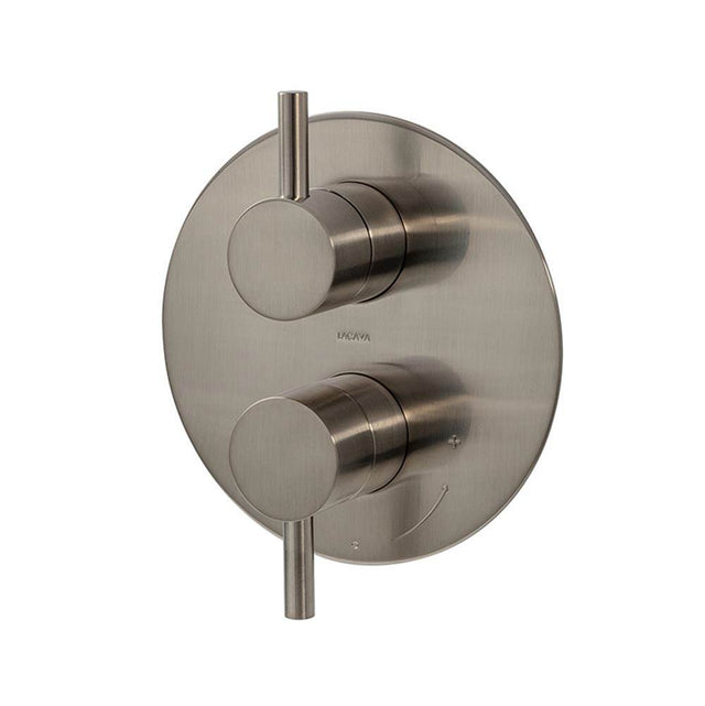 Lacava - Built-in progressive pressure balancing mixer with 2-way diverter, two lever handles and a rounded backplate. Water flow rate: 4.2 gpm at 43.5 psi. Rough-in No. VPBP2 sold separately. DIAM: 7-1/4'' - Polished Nickel