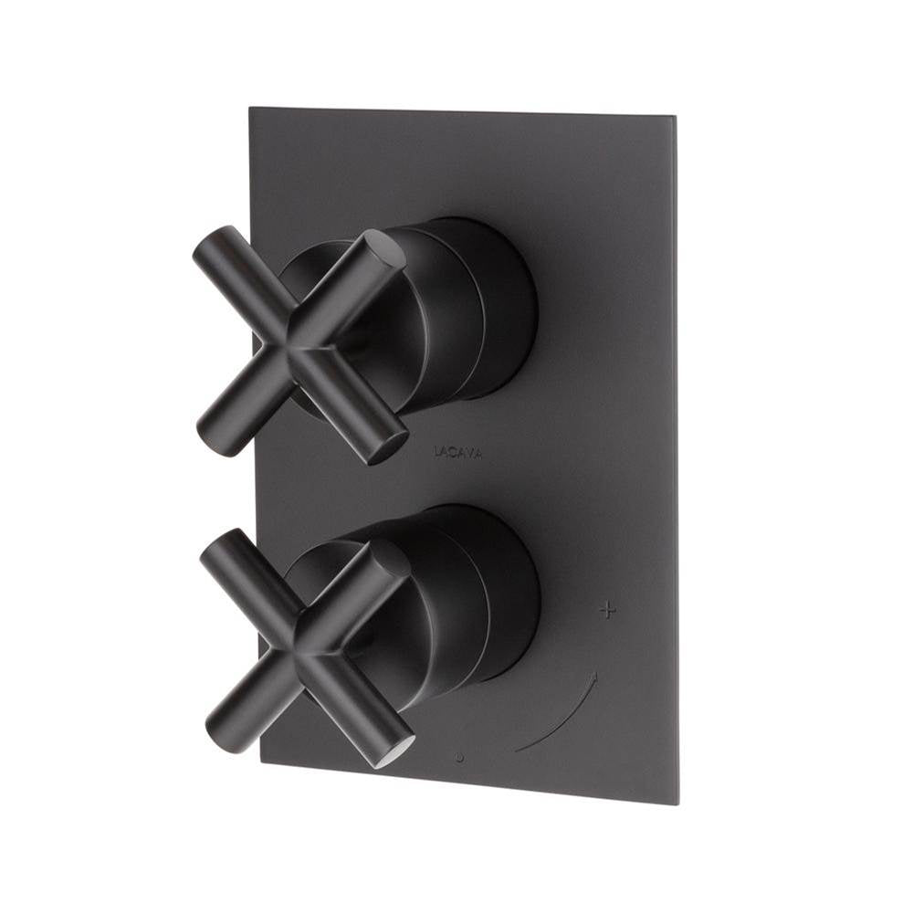 Lacava - Cigno trim - Built-in progressive pressure balancing mixer with volume control, two cross handles and rectangular backplate. Water flow rate: 4.2 gpm at 43.5 psi. Rough-in No. VPBP1 sold separately. W: 5-1/8'', H: 7-1/4'' - Polished Nickel