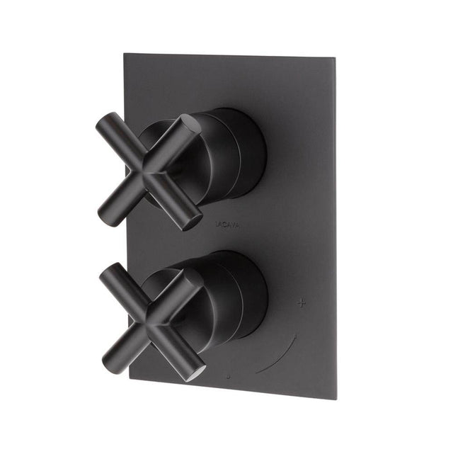 Lacava - Cigno trim - Built-in progressive pressure balancing mixer with volume control, two cross handles and rectangular backplate. Water flow rate: 4.2 gpm at 43.5 psi. Rough-in No. VPBP1 sold separately. W: 5-1/8'', H: 7-1/4'' - Polished Nickel