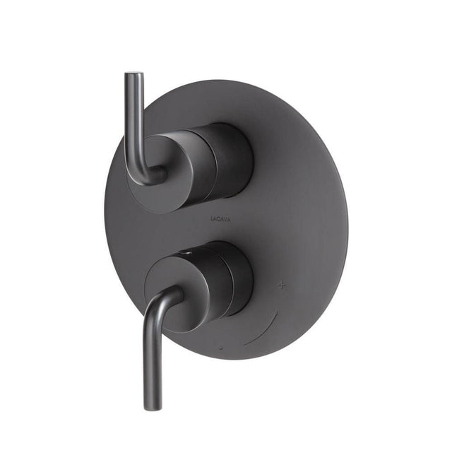 Lacava - Built-in progressive pressure balancing mixer  with 3- way diverter, two curved lever handles and a round  backplate. Water flow rate: 5.6 gpm at 45 psi. - Polished Nickel
