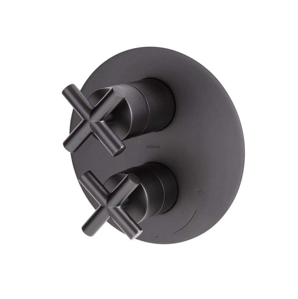 Lacava - Built-in progressive pressure balancing mixer  with 3- way diverter, two cross handles and a round backplate. Water flow rate: 5.6 gpm at 45 psi. - Polished Nickel