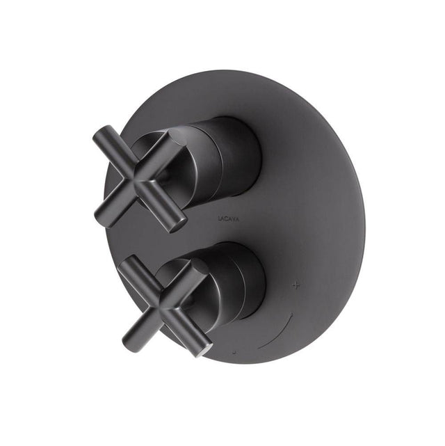Lacava - Built-in progressive pressure balancing mixer  with 3- way diverter, two cross handles and a round backplate. Water flow rate: 5.6 gpm at 45 psi. - Polished Nickel