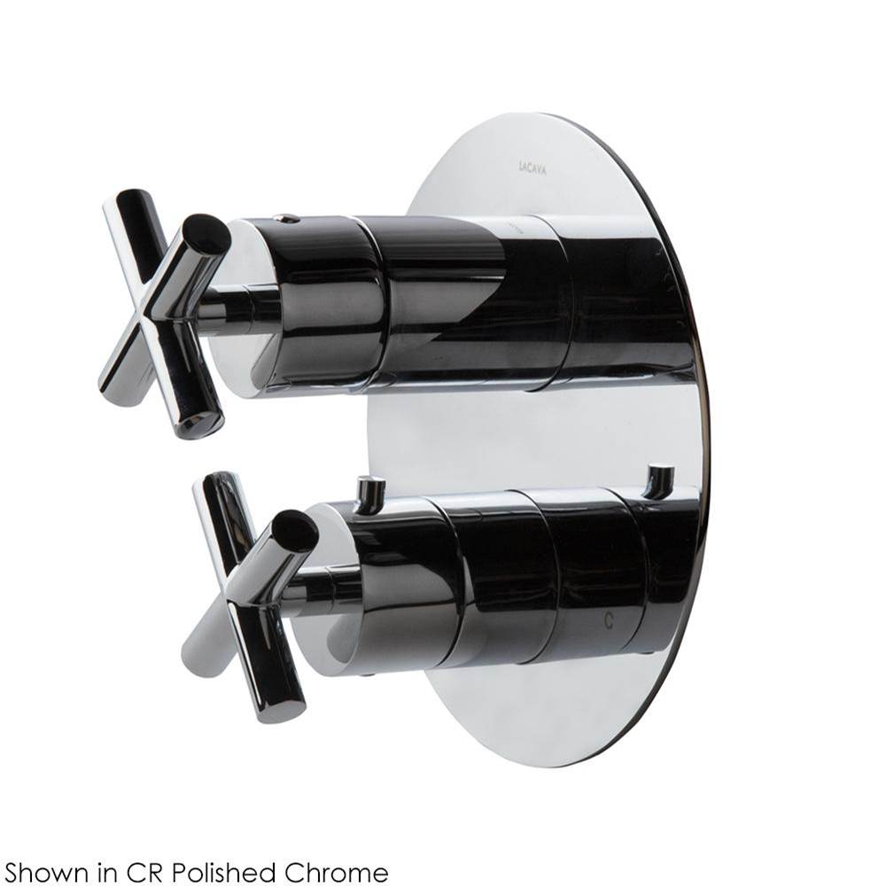 Lacava - TRIM ONLY - Thermostatic Valve w/3 way diverter + OFF,  GPM 8 (60PSI) with round back plate and 2 stacked cross handles - Polished Nickel