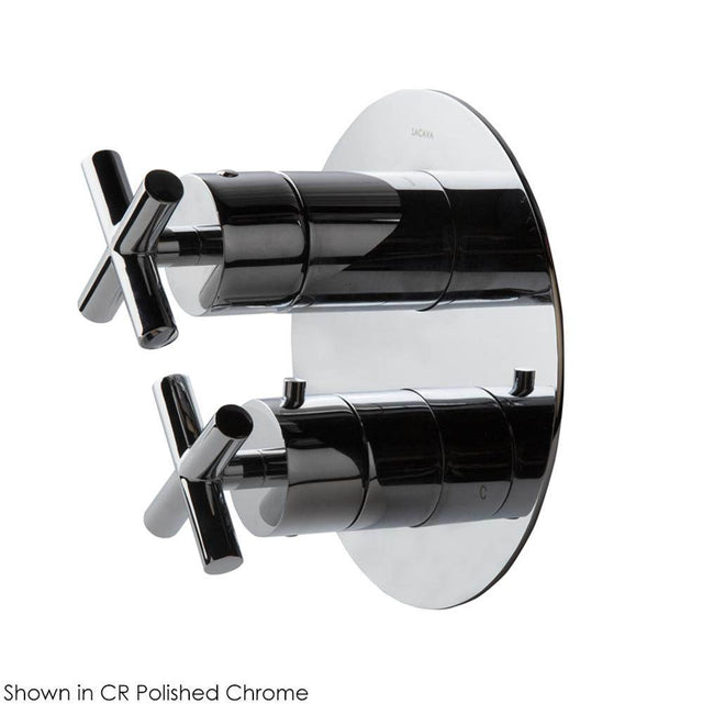Lacava - TRIM ONLY - Thermostatic Valve w/3 way diverter + OFF,  GPM 8 (60PSI) with round back plate and 2 stacked cross handles - Polished Nickel