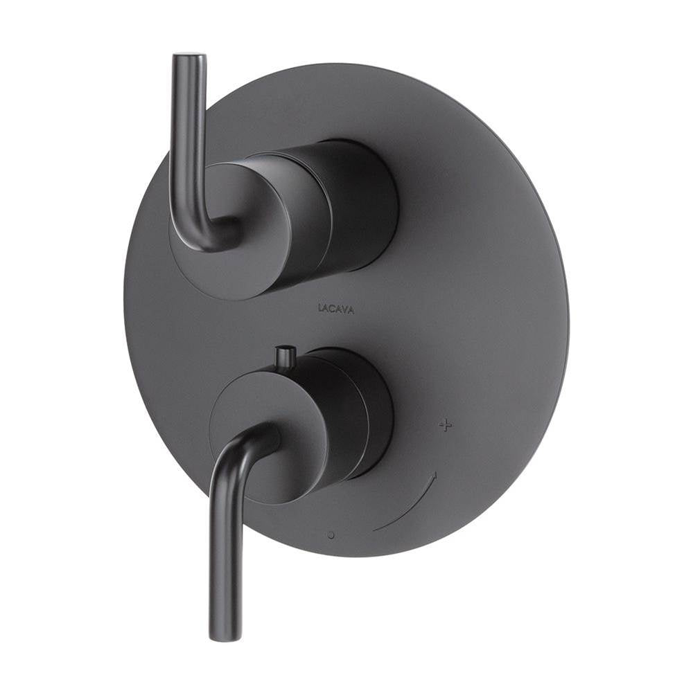 Lacava - TRIM ONLY - Thermostat w 2-way shared diverter + OFF, GPM 6.1 (43.5PSI) curved lever handls on round knob, round back plate - Matte Black