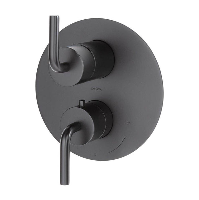 Lacava - TRIM ONLY - Thermostat w 2-way shared diverter + OFF, GPM 6.1 (43.5PSI) curved lever handls on round knob, round back plate - Matte Black