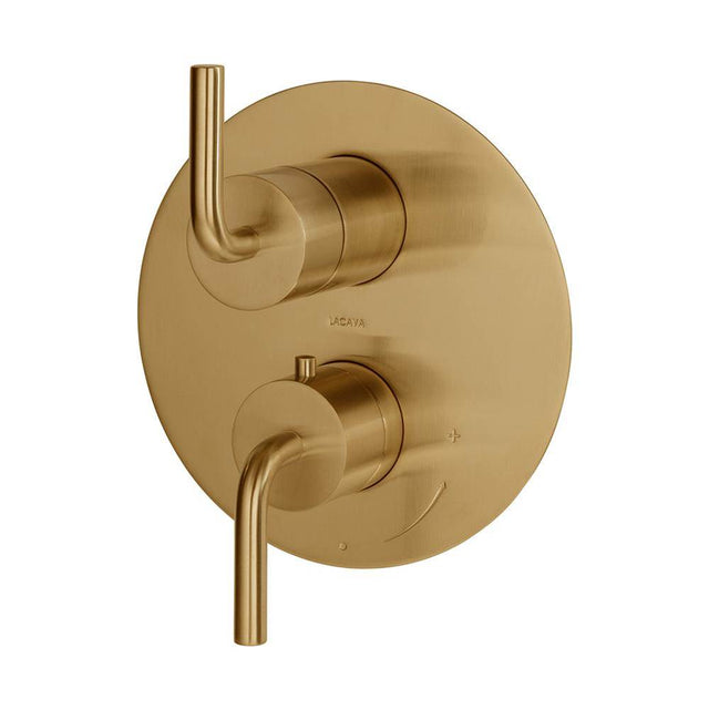 Lacava - TRIM ONLY - Thermostat w 3-way shared diverter + OFF, flow rate 6.1 GPM (43.5 PSI) curved lever handles, round back plate - Brushed Gold