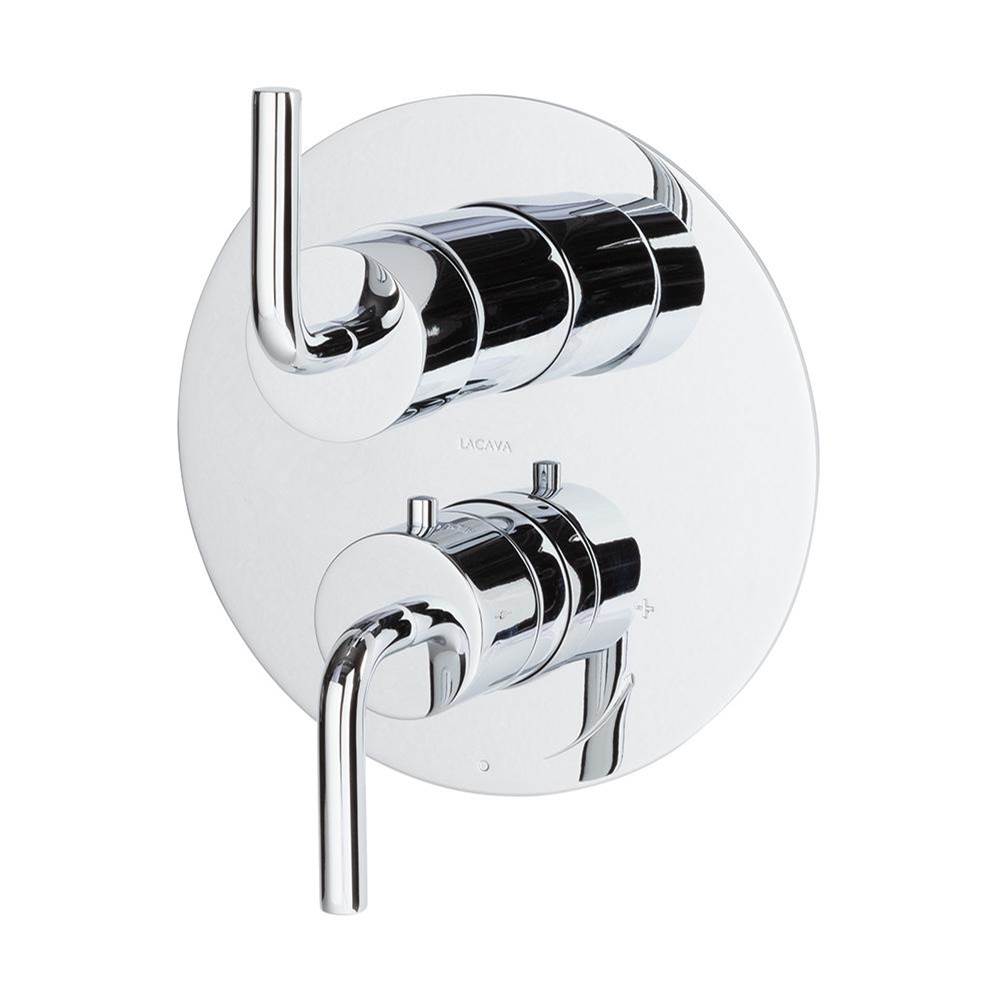 Lacava - TRIM ONLY - Thermostat w 3-way shared diverter + OFF, flow rate 6.1 GPM (43.5 PSI) curved lever handles, round back plate - Polished Chrome
