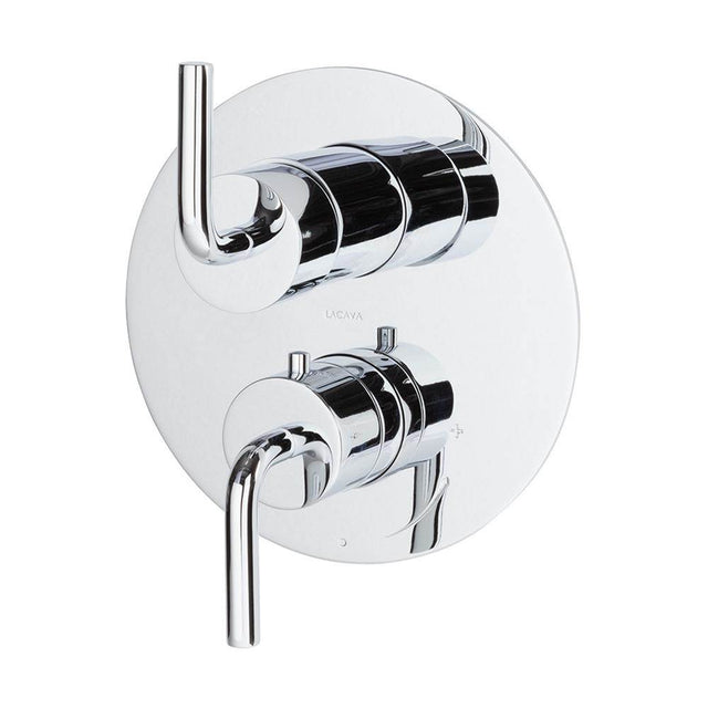 Lacava - TRIM ONLY - Thermostat w 3-way shared diverter + OFF, flow rate 6.1 GPM (43.5 PSI) curved lever handles, round back plate - Polished Chrome