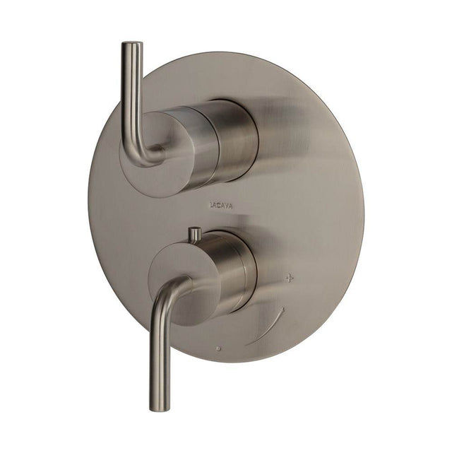 Lacava - TRIM ONLY - Thermostat w 3-way diverter + OFF, flow rate 6.1 GPM (43.5 PSI) curved lever handles, round back plate - Polished Nickel