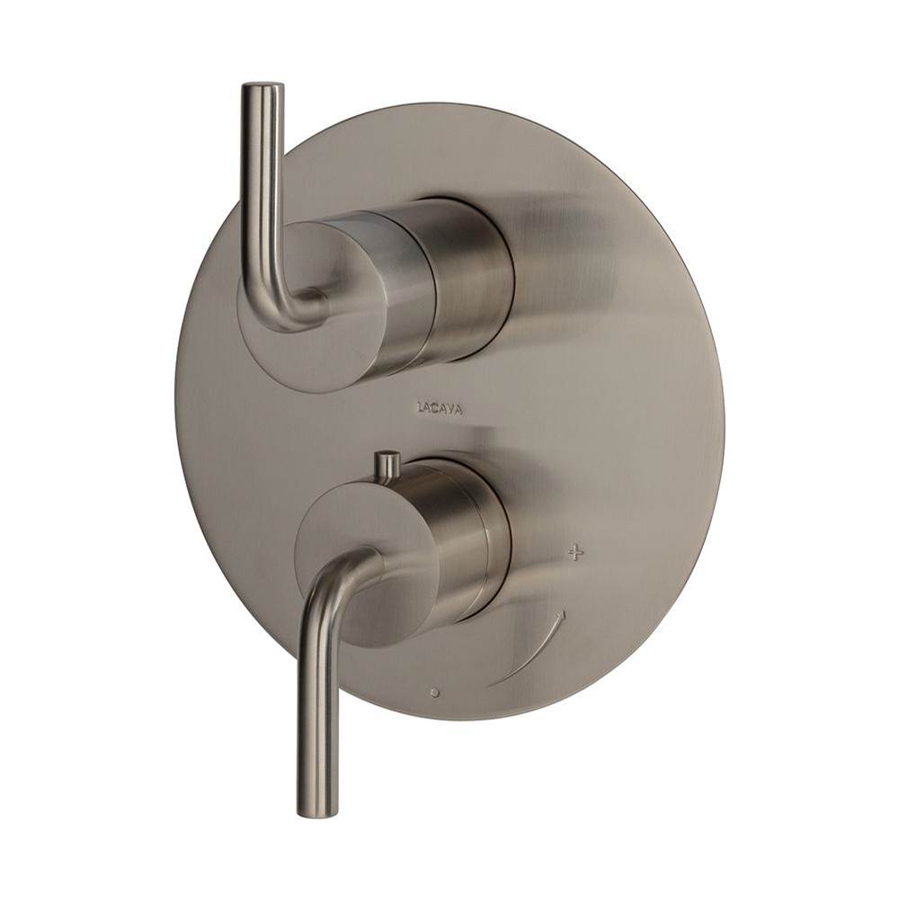 Lacava - TRIM ONLY - Thermostat w 3-way shared diverter + OFF, flow rate 6.1 GPM (43.5 PSI) curved lever handles, round back plate - Brushed Nickel
