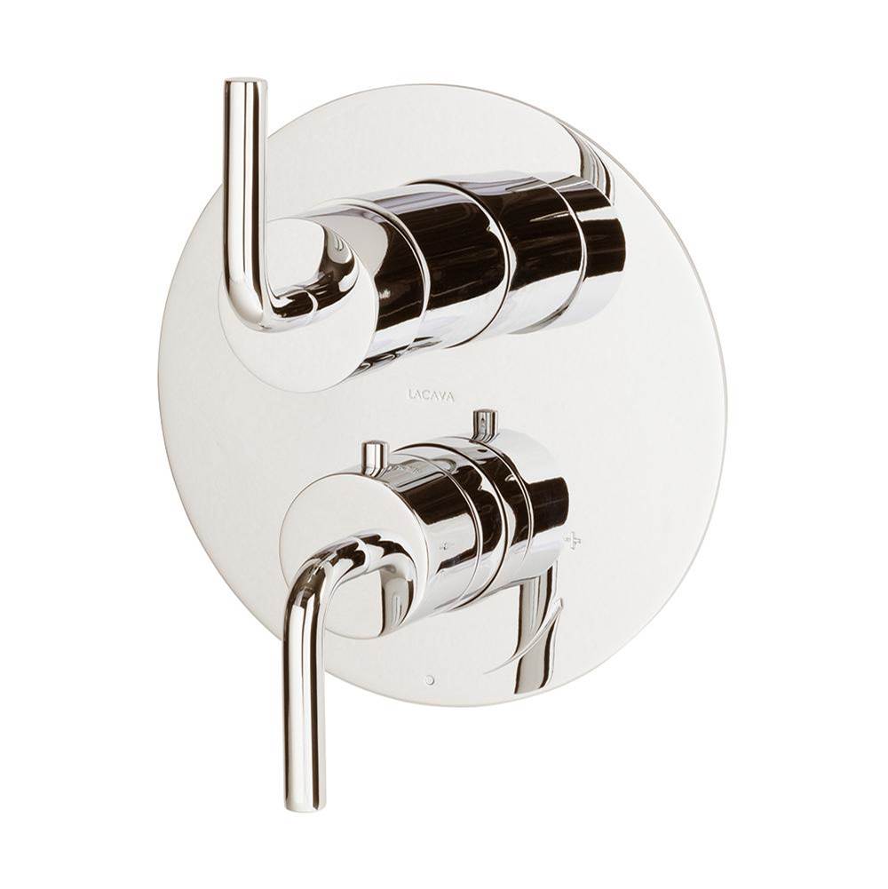Lacava - TRIM ONLY - Thermostat w 3-way shared diverter + OFF, flow rate 6.1 GPM (43.5 PSI) curved lever handles, round back plate - Polished Nickel
