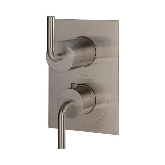 Lacava - TRIM ONLY - Thermostat w 3-way shared diverter + OFF, flow rate 6.1 GPM (43.5 PSI)curved lever handles, square back plate - Brushed Nickel