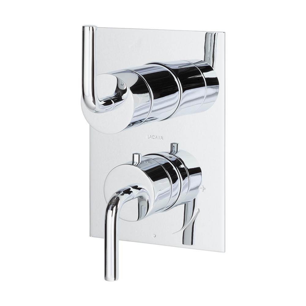 Lacava - TRIM ONLY - Thermostat w 2-way shared diverter + OFF, GPM 6.1 (43.5PSI) curved lever handls on round knob, square back plate - Polished Chrome