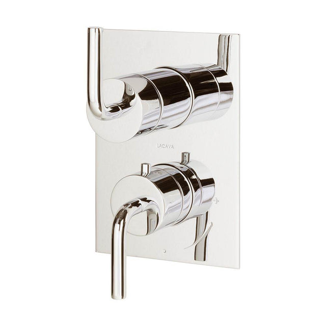 Lacava - TRIM ONLY - Thermostat w 3-way shared diverter + OFF, flow rate 6.1 GPM (43.5 PSI)curved lever handles, square back plate - Polished Nickel