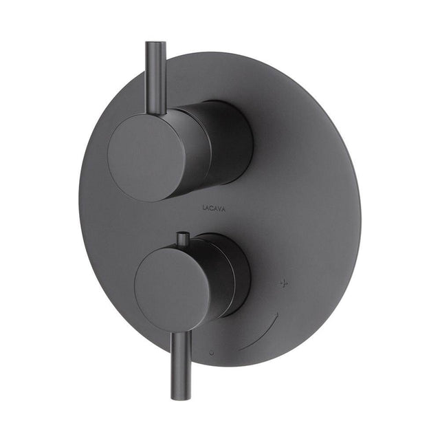 Lacava - TRIM ONLY - Thermostatic Valve w/ 3 way shared diverter + OFF,  GPM 8 (60PSI) with round back plate and 2 stacked  round lever handles - Matte Black