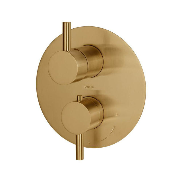 Lacava - TRIM ONLY - Thermostatic Valve w/ 3 way shared diverter + OFF,  GPM 8 (60PSI) with round back plate and 2 stacked  round lever handles - Brushed Gold