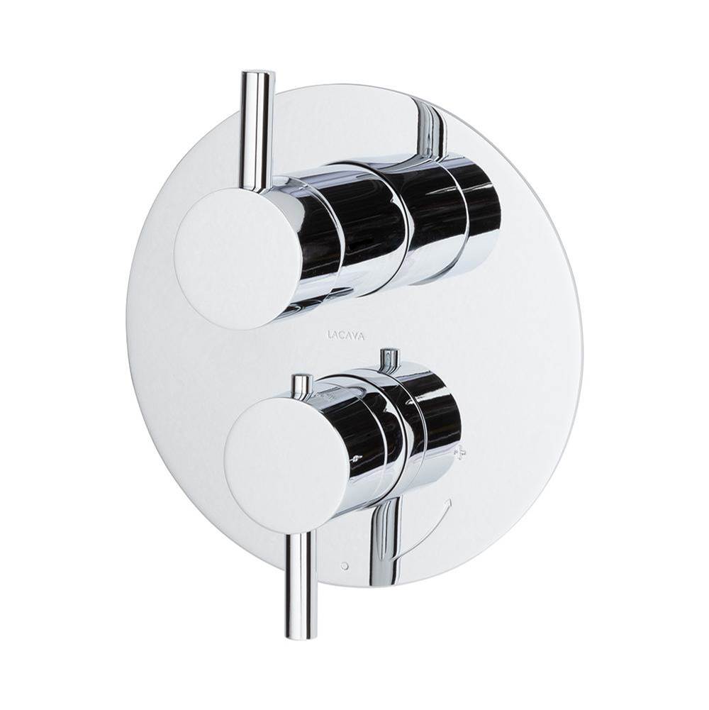 Lacava - TRIM ONLY - Thermostatic Valve w/ 3 way shared diverter + OFF,  GPM 8 (60PSI) with round back plate and 2 stacked  round lever handles - Polished Chrome
