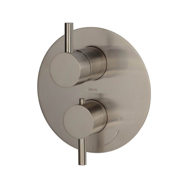 Lacava - TRIM ONLY - Thermostatic Valve w/ 3 way shared diverter + OFF,  GPM 8 (60PSI) with round back plate and 2 stacked  round lever handles - Brushed Nickel