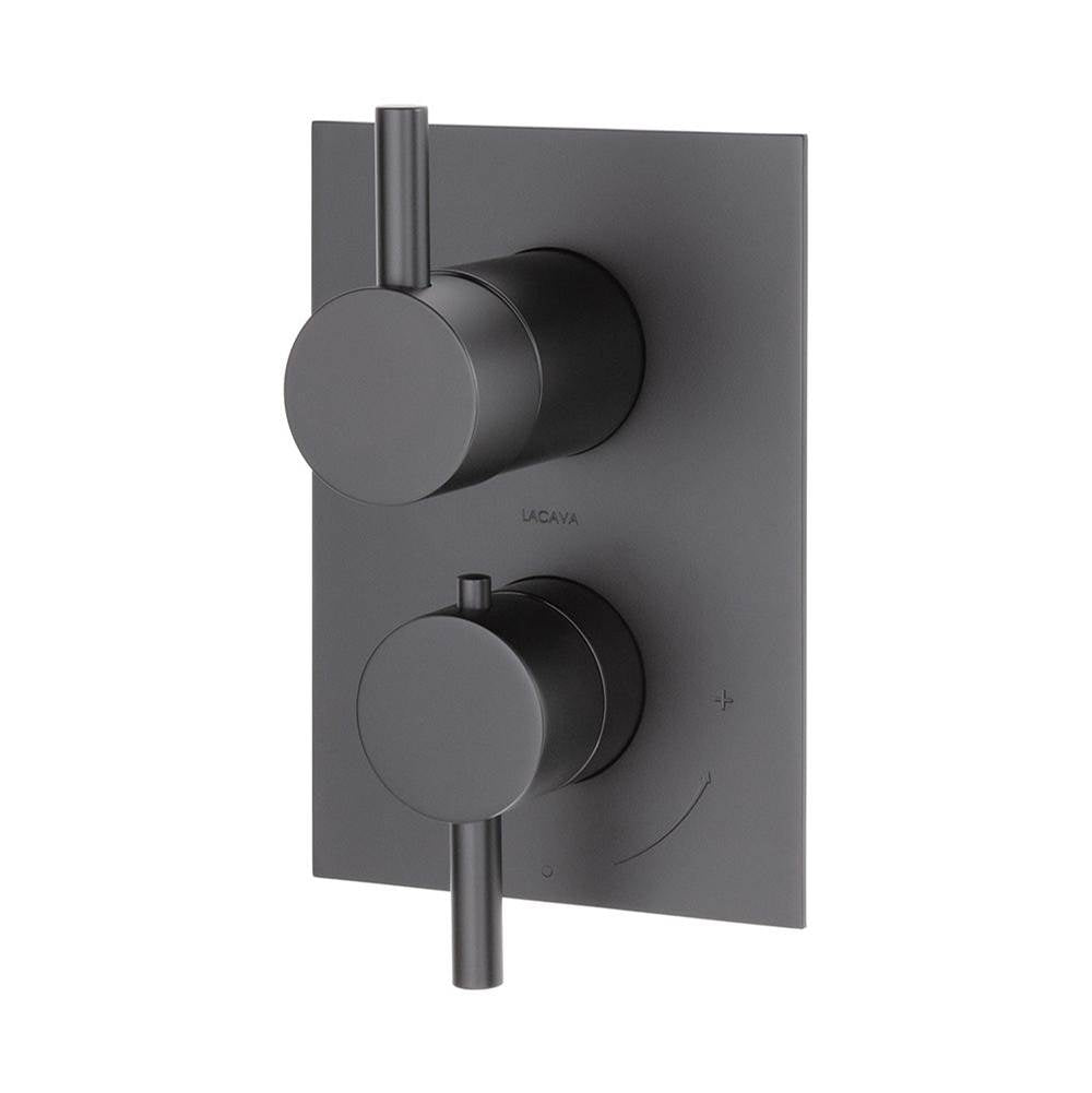 Lacava - TRIM ONLY - Thermostatic Valve w/ 2 way shared diverter + OFF,  GPM 8.5 (60PSI) with round back plate and 2 stacked round lever handles - Matte Black