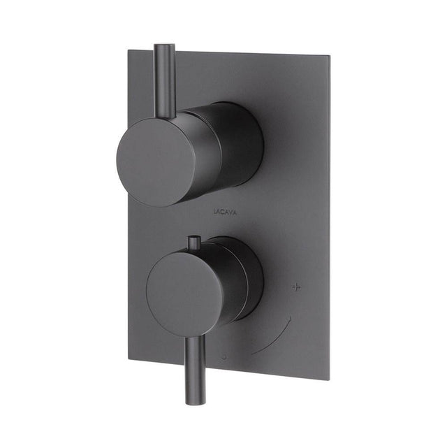 Lacava - TRIM ONLY - Thermostatic Valve w/ 2 way shared diverter + OFF,  GPM 8.5 (60PSI) with round back plate and 2 stacked round lever handles - Matte Black