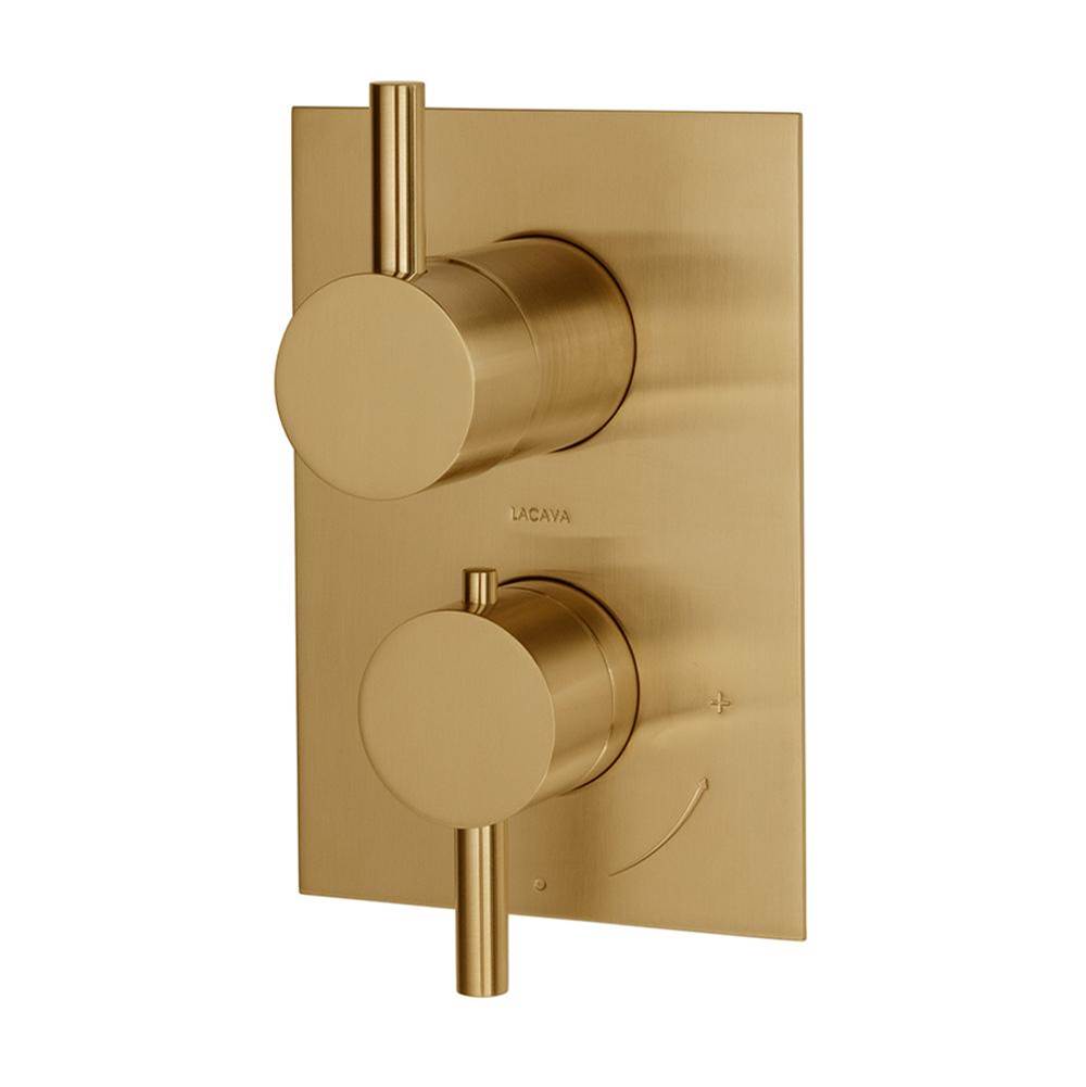 Lacava - TRIM ONLY - Thermostatic Valve w/3 way diverter + OFF,  GPM 8 (60PSI) with rectangular back plate and 2 stacked round lever handles - Polished Nickel
