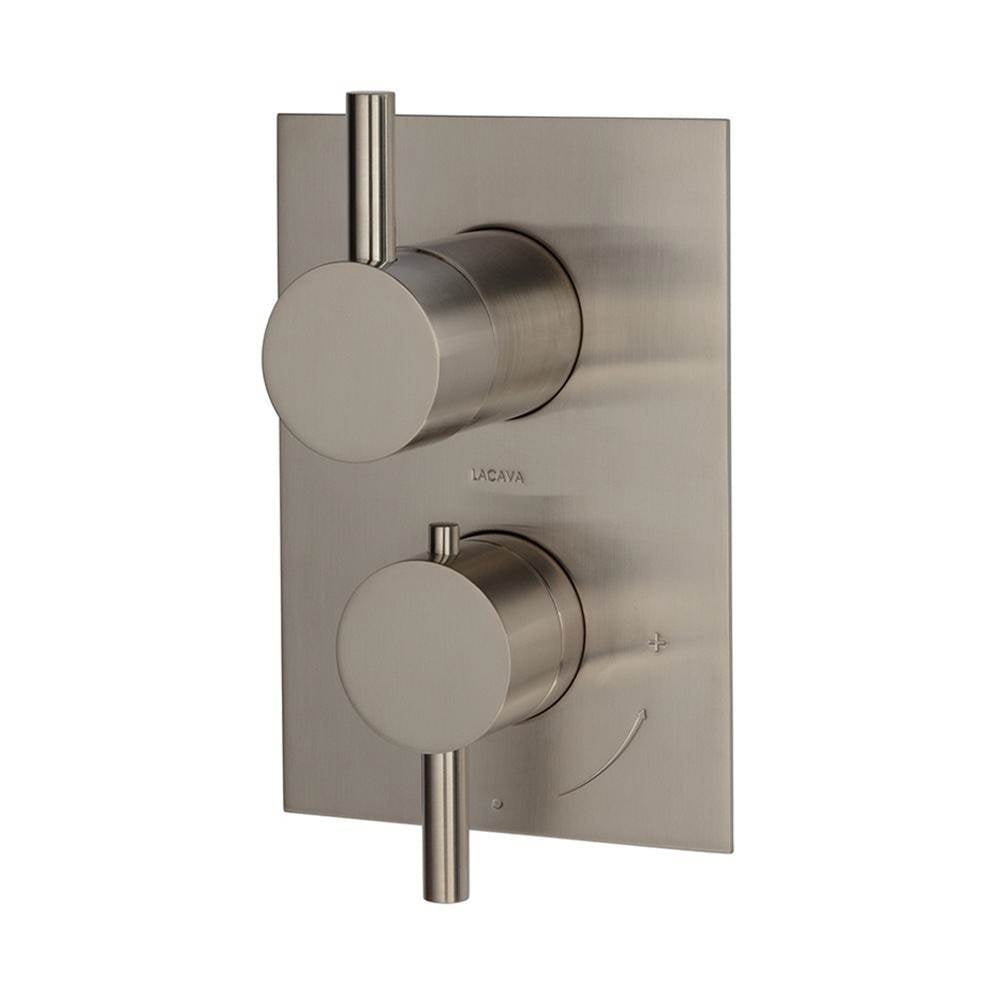 Lacava - TRIM ONLY - Thermostatic Valve w/ 3 way shared diverter + OFF,  GPM 8 (60PSI) with rectangular back plate and 2 stacked round lever handles - Brushed Nickel