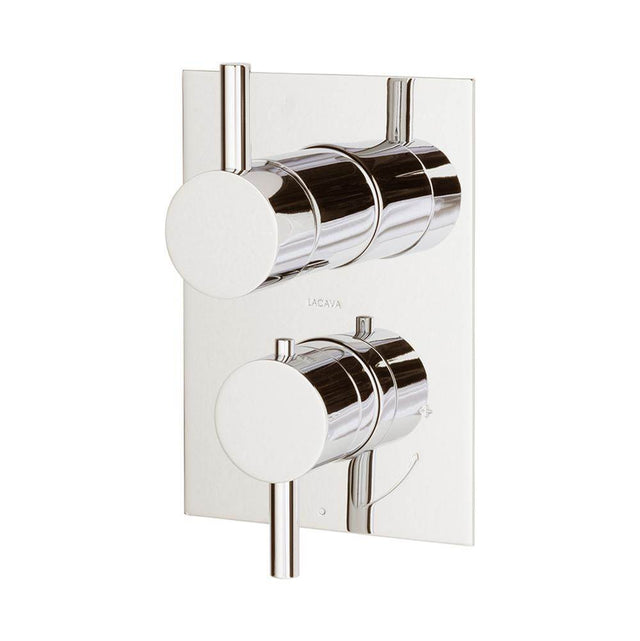 Lacava - TRIM ONLY - Thermostatic Valve w/ 2 way shared diverter + OFF,  GPM 8.5 (60PSI) with rectangular back plate and 2 stacked round lever handles - Polished Nickel