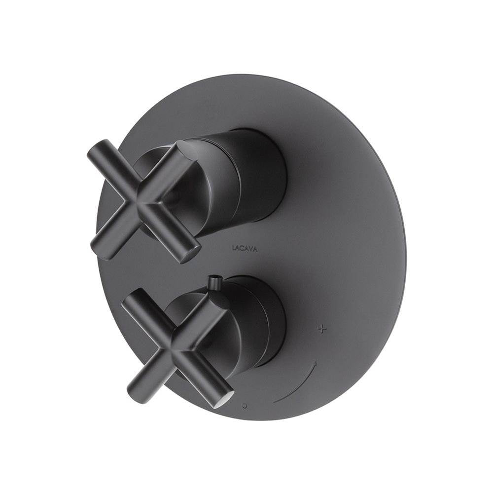 Lacava - TRIM ONLY - Thermostatic Valve w/ 3 way shared diverter + OFF,  GPM 8 (60PSI) with round back plate and 2 stacked cross handles - Matte Black