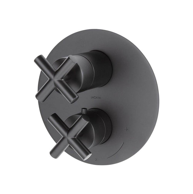 Lacava - TRIM ONLY - Thermostatic Valve w/ 3 way shared diverter + OFF,  GPM 8 (60PSI) with round back plate and 2 stacked cross handles - Matte Black