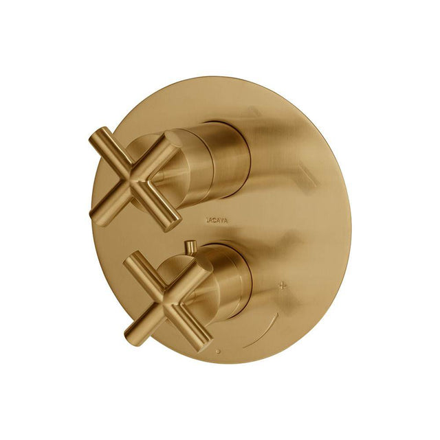 Lacava - TRIM ONLY - Thermostatic Valve w/ 3 way shared diverter + OFF,  GPM 8 (60PSI) with round back plate and 2 stacked cross handles - Brushed Gold