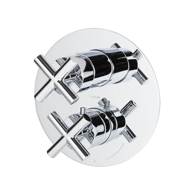Lacava - TRIM ONLY - Thermostatic Valve w/ 3 way shared diverter + OFF,  GPM 8 (60PSI) with round back plate and 2 stacked cross handles - Polished Chrome