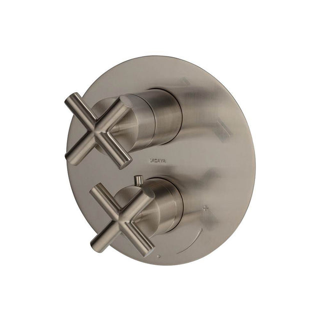 Lacava - TRIM ONLY - Thermostatic Valve w/ 2 way shared diverter + OFF,  GPM 8.5 (60PSI) with round back plate and 2 stacked cross handles - Brushed Nickel