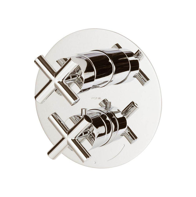 Lacava - TRIM ONLY - Thermostatic Valve w/ 2 way shared diverter + OFF,  GPM 8.5 (60PSI) with round back plate and 2 stacked cross handles - Polished Nickel