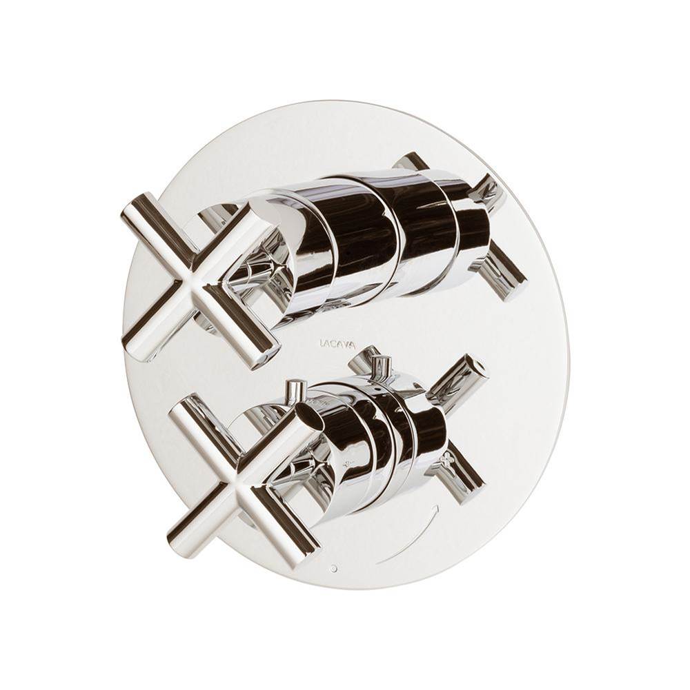 Lacava - TRIM ONLY - Thermostatic Valve w/ 3 way shared diverter + OFF,  GPM 8 (60PSI) with round back plate and 2 stacked cross handles - Polished Nickel