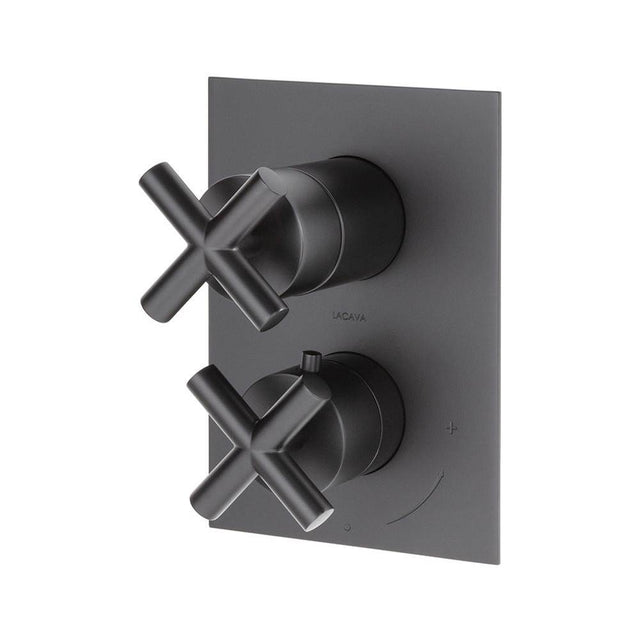 Lacava - TRIM ONLY - Thermostatic Valve w/ 3 way shared diverter + OFF,  GPM 8 (60PSI) with rectangular back plate and 2 stacked cross handles - Matte Black