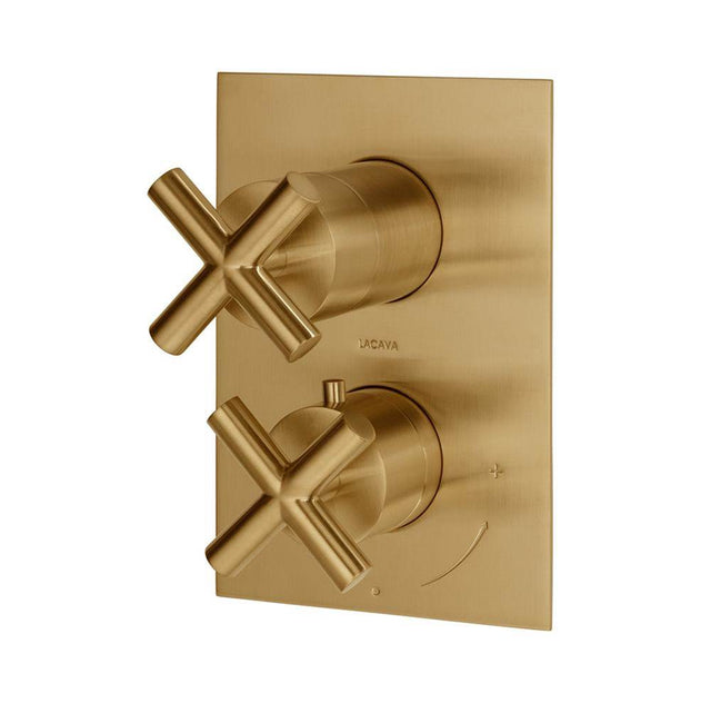 Lacava - TRIM ONLY - Thermostatic Valve w/ 2 way shared diverter + OFF,  GPM 8.5 (60PSI) with rectangular back plate and 2 stacked cross handles - Brushed Gold