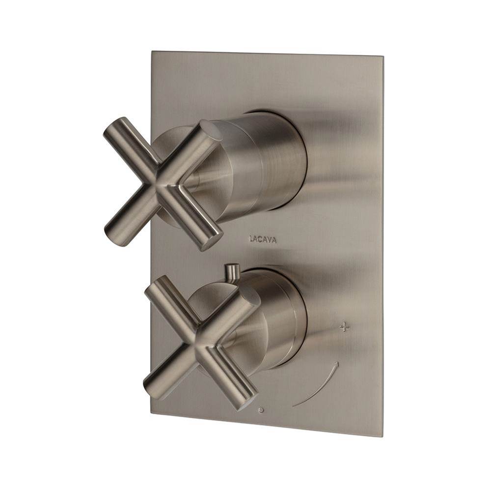 Lacava - TRIM ONLY - Thermostatic Valve w/ 3 way shared diverter + OFF,  GPM 8 (60PSI) with rectangular back plate and 2 stacked cross handles - Brushed Nickel