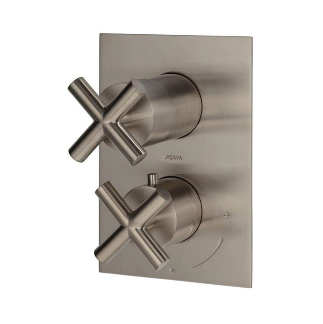 Lacava - TRIM ONLY - Thermostatic Valve w/ 3 way shared diverter + OFF,  GPM 8 (60PSI) with rectangular back plate and 2 stacked cross handles - Brushed Nickel