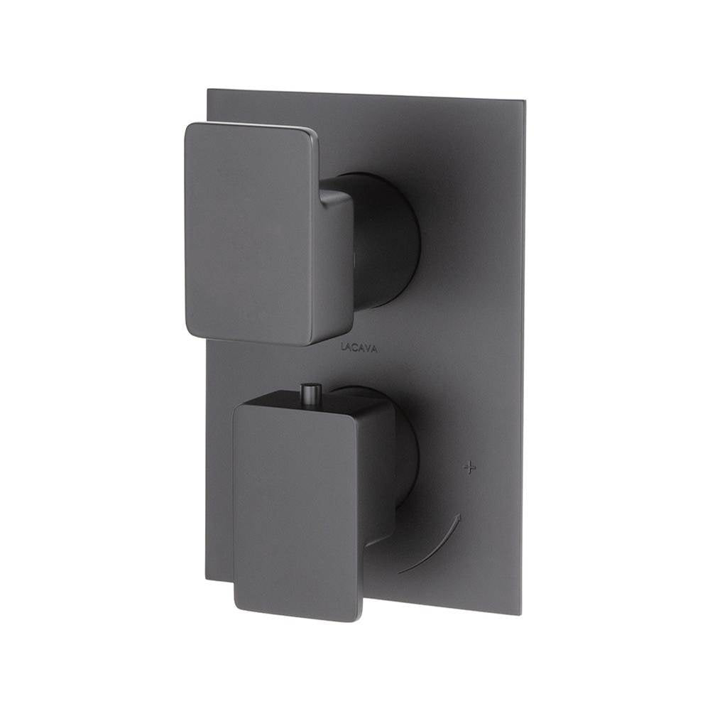 Lacava - TRIM ONLY - Thermostatic Valve w/ 3 way shared diverter + OFF,  GPM 8 (60PSI) with rectangular back plate and 2 stacked lever  handles - Matte Black