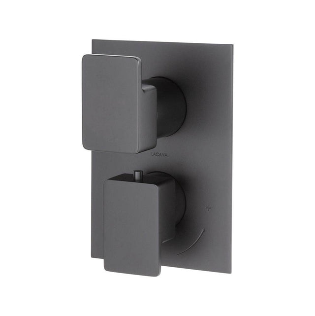 Lacava - TRIM ONLY - Thermostatic Valve w/ 3 way shared diverter + OFF,  GPM 8 (60PSI) with rectangular back plate and 2 stacked lever  handles - Matte Black