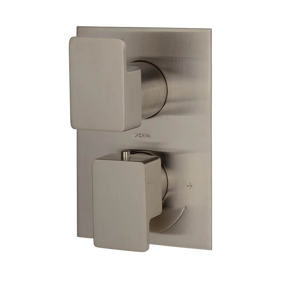 Lacava - TRIM ONLY - Thermostatic Valve w/ 2 way shared diverter + OFF,  GPM 8.5 (60PSI) with rectangular back plate and 2 stacked lever handles - Brushed Nickel