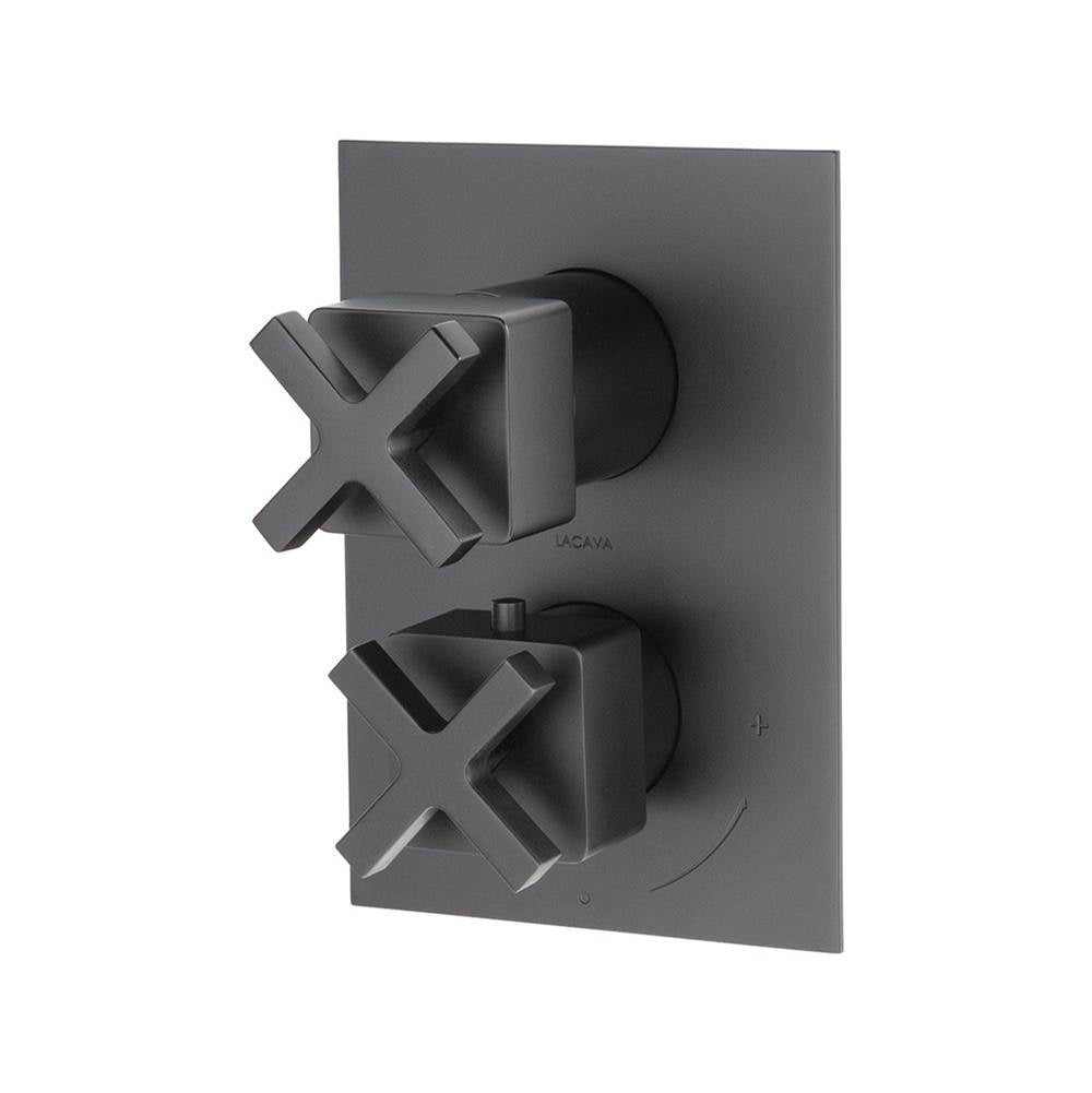Lacava - TRIM ONLY - Thermostatic Valve w/ 2 way shared diverter + OFF,  GPM 8.5 (60PSI) with rectangular back plate and 2 stacked cross handles - Matte Black