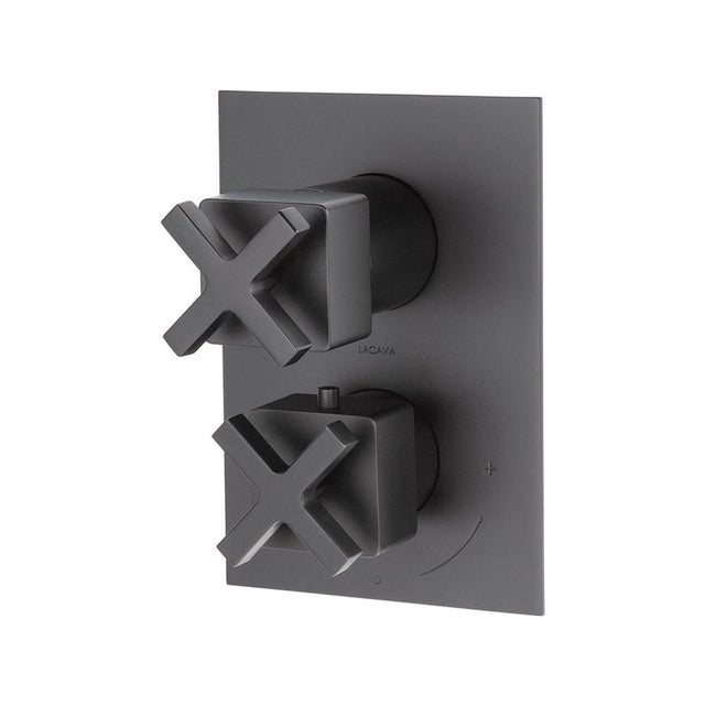 Lacava - TRIM ONLY - Thermostatic Valve w/ 2 way shared diverter + OFF,  GPM 8.5 (60PSI) with rectangular back plate and 2 stacked cross handles - Matte Black