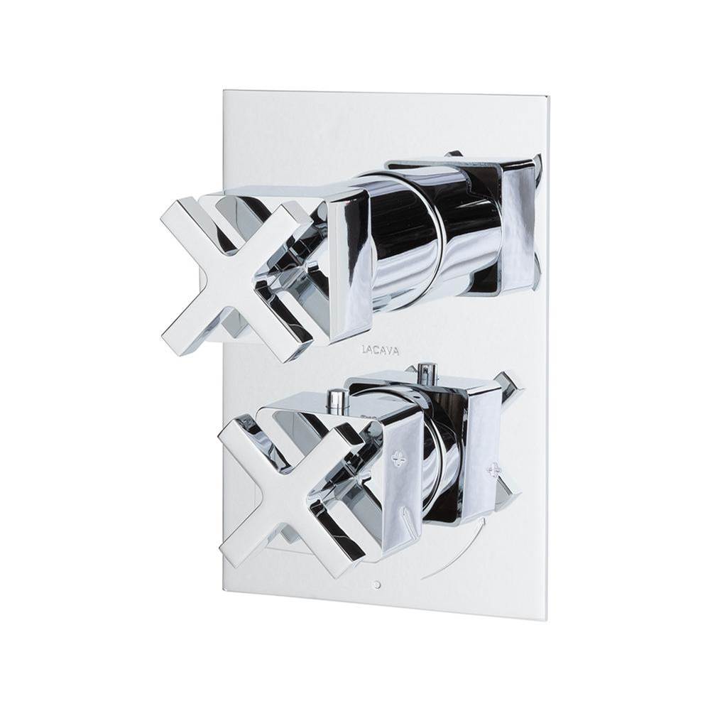 Lacava - TRIM ONLY - Thermostatic Valve w/ 2 way shared diverter + OFF,  GPM 8.5 (60PSI) with rectangular back plate and 2 stacked cross handles - Polished Chrome