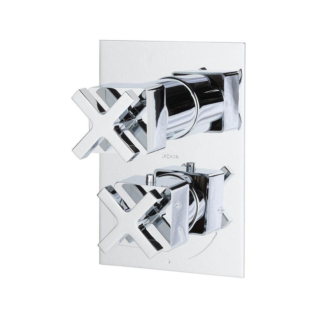 Lacava - TRIM ONLY - Thermostatic Valve w/ 2 way shared diverter + OFF,  GPM 8.5 (60PSI) with rectangular back plate and 2 stacked cross handles - Polished Chrome